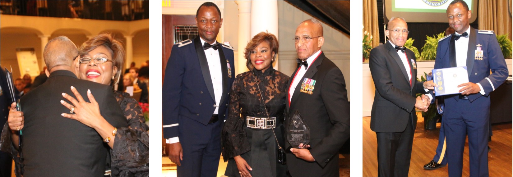 Left: Major Gen. (Ret.) Arnold Fields of the U.S. Marine Corps embraces Stephanie-Nellons Paige, wife of Jackson State University interim President Rod Paige, after her remarks during the 2nd annual Black Tie Gala on Saturday, April 1, inside the Old Capitol Inn. Center: Lt. Col. Timothy Henderson, commander of the Air Force ROTC at JSU is featured with Nellons-Paige and Fields. Right: Fields congratulates Henderson for JSU’s participation as a national partner in the recognition of Vietnam veterans or Vietnam-era veterans. (Photos courtesy of James Haynes)