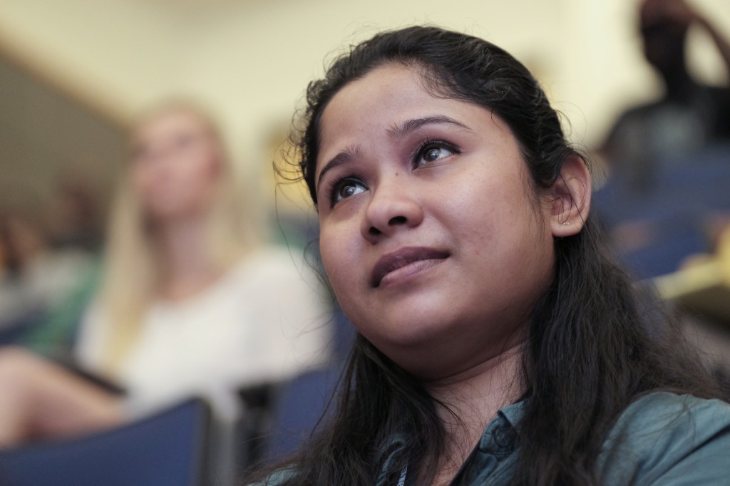 A student listens intently as Smarr says, "Over the last 20 years about 18% of the job loss in factories in the United States were due to moves to China and other places. 80% of the jobs that were lost in this country were to automation not Mexico and not China, sorry. (Charles A. Smith/JSU)