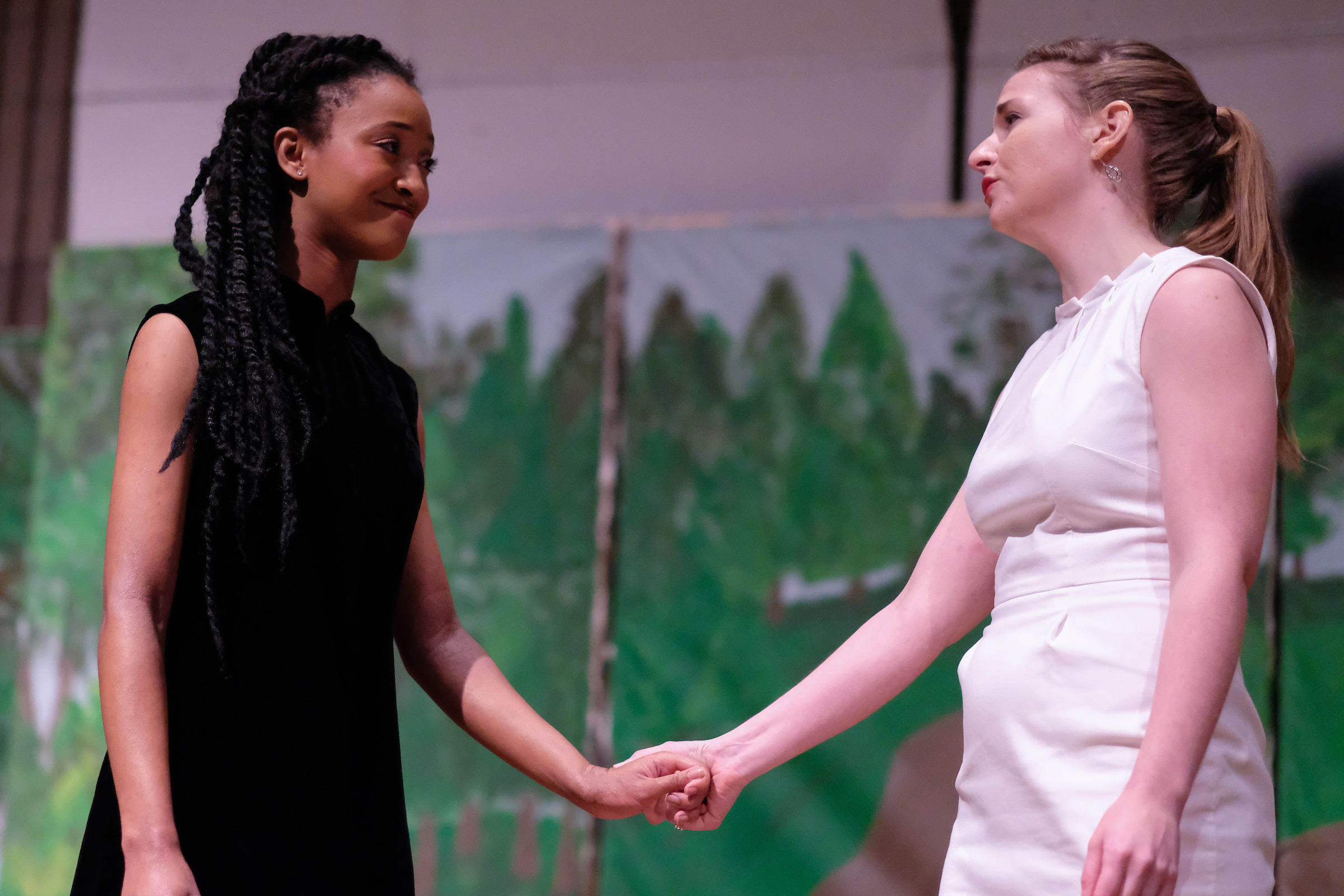 Aja Brimm, left, is Elphaba and Roberta Duhs, right, is Glinda in "For Good" from the musical "Wicked" by Stephen Schwartz. (Charles A. Smith/JSU)