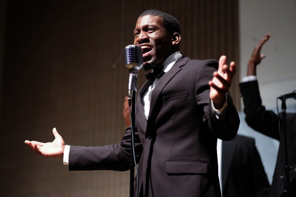 Smokey Robinson (Hughes) and the Miracles (Middleton, Darius Brown, Jordan Scott and Michael Hope) performed "Shop Around." (Charles A. Smith/JSU)