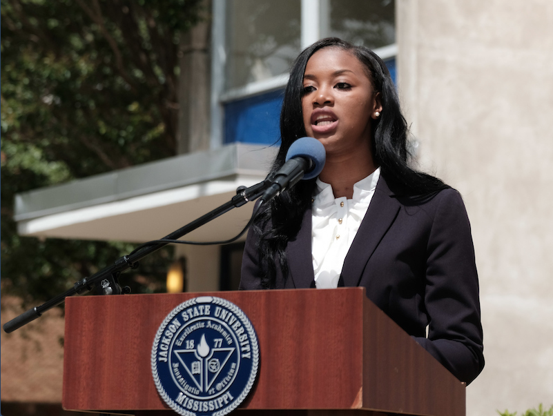 Miss JSU-elect, Comelia Walker (2017-2018), reflected on the history of a people known for overcoming trials and tribulations. (Photo by Charles A. Smith/JSU)