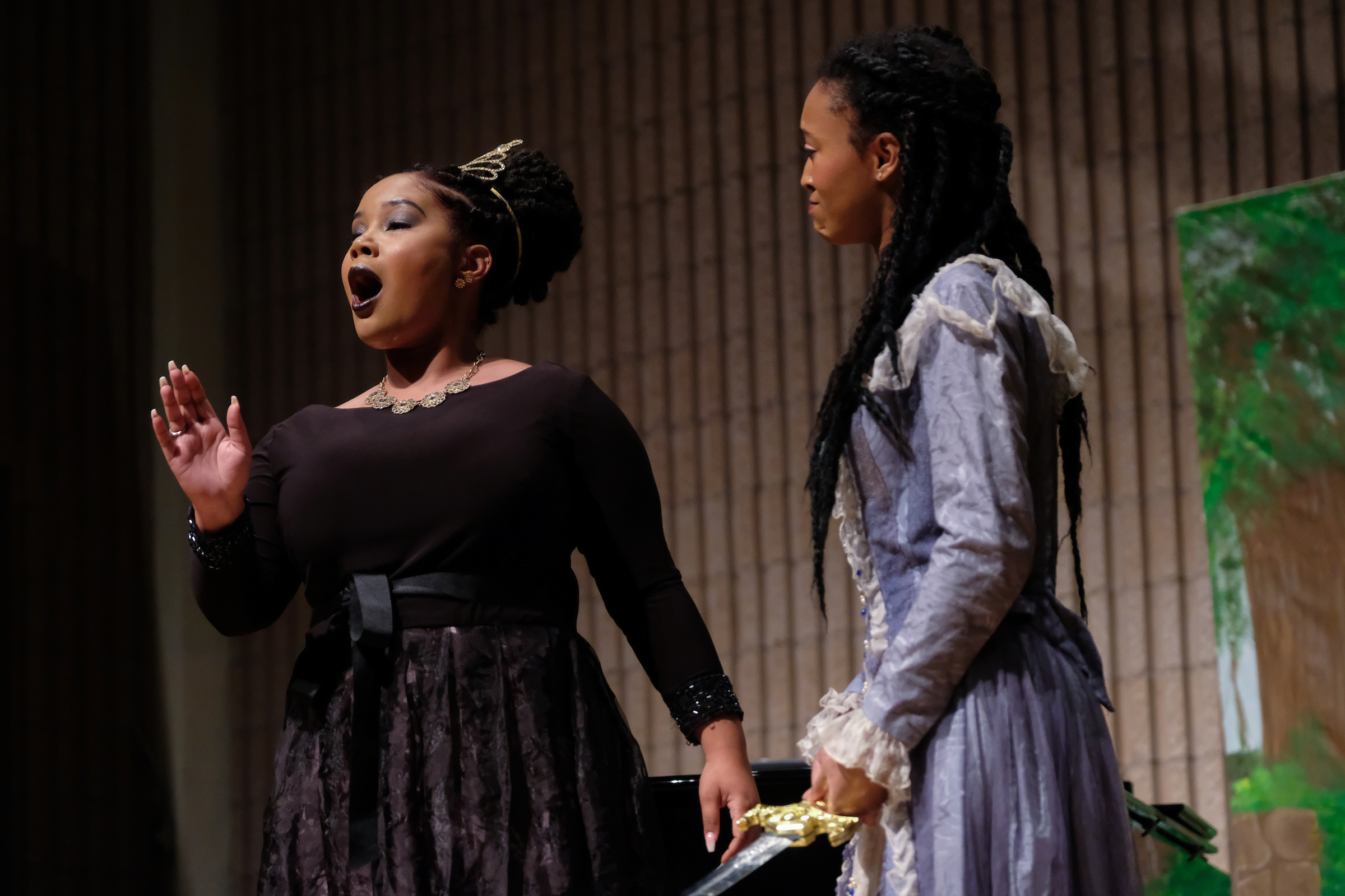 Hilary Watkins, JSU Senior, performs as the evil Queen of the night in Mozart's "Die Zauberflöte" and her daughter Pamina is played by Aja Brimm, a music major. (Charles A. Smith/JSU)