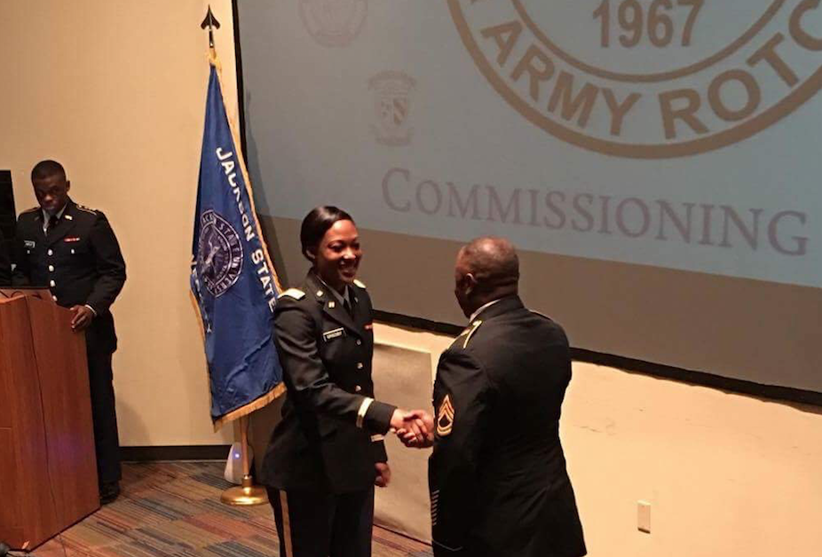 During the College of Liberal Arts commissioning ceremony in December, JSU Tiger Battalion congratulates Eugenia Grigsby as one of its newest second lieutenants.