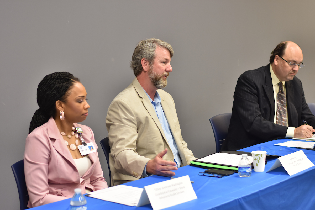 Hinds County bears all expenses for incarcerated individuals, including hospitalization, medical care (also prescriptions) and recreation. Officials discuss the ramifications of locking up the mentally. Experts include Dr. Tiffany Anderson, left, crisis coordinator of the Hinds Behavioral Health Services; Andrew Day, director of Community Services of the Mississippi Department of Mental Health; and Hinds board attorney Pieter Teeuwissen. (Photo by William Kelly III/JSU)