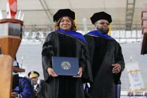 Honorary degrees in Doctorate of Human Letters were presented to philanthropists Winston R. Pittman Sr. and wife Alma Dent Pittman. Owners of the seventh-largest automotive group in the nation, they have donated more than $250,000 to the university. (Photo by Charles A. Smith/JSU)
