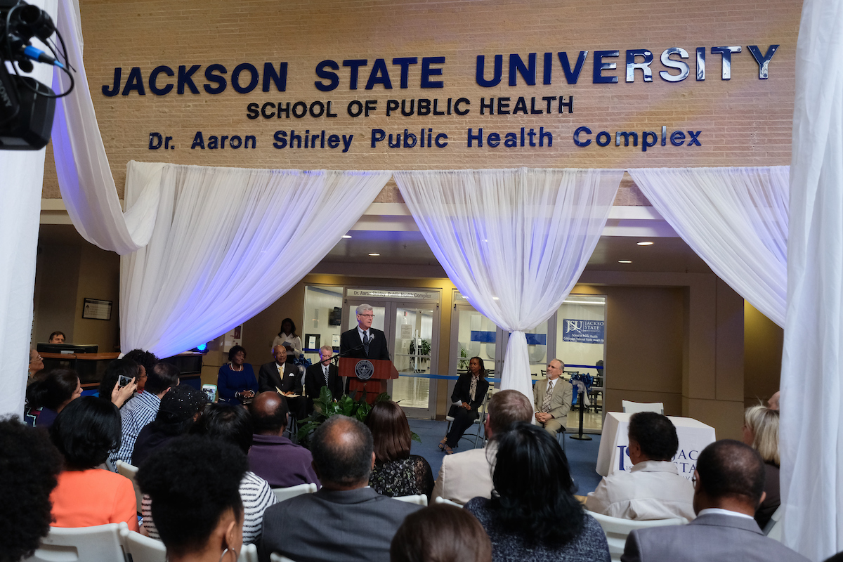 Mississippi Gov. Phil Bryant said the School of Public Health will lead to a better quality of life for the state. He also said he supports "this great urban university" and views the location of the new school as "an area that must be wholly involved in public health." (Photo by Charles A. Smith/JSU)