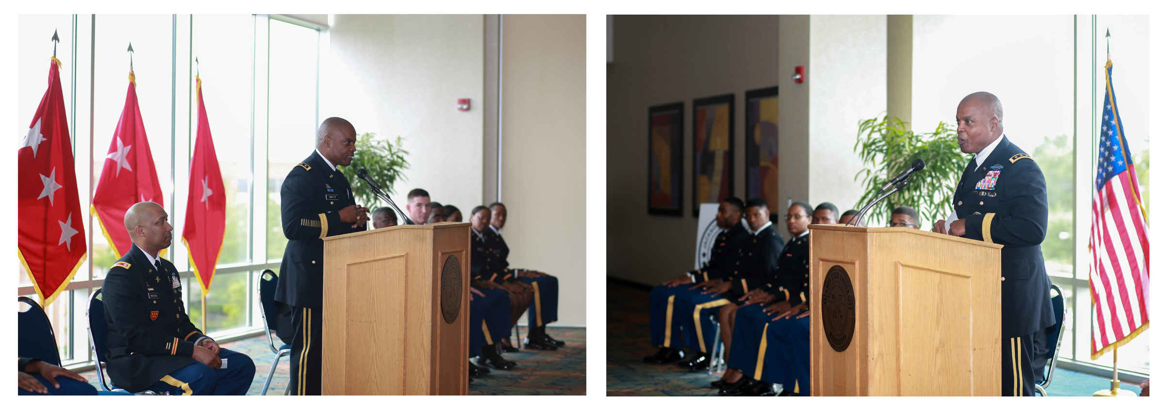 Lt. Gen. Stephen M. Twitty, 38th commander of the First Army, addresses cadets preparing to commission as second lieutenants. He told them, “You could walk out this door and go from a student to a true lieutenant,” serving in war-torn countries. He told the soon-to-be officers that times were starkly different from when he sat the same seats as the cadets. “Today, we have 150,000 service members deployed abroad in combat or on the edge of combat. We are a nation at war.” (Photo by Kentrice S. Rush/JSU)