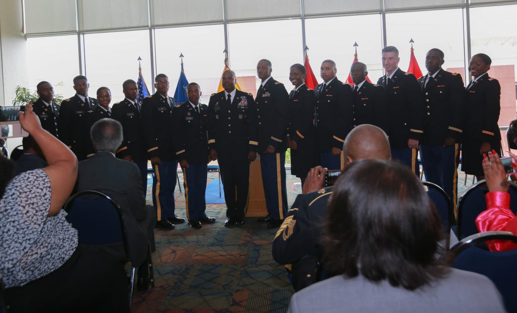Pictured with Twitty, the 13 new second lieutenants will deployed to locations throughout the world to places such as Kuwait and beyond. (Photo by Kentrice S. Rush/JSU)