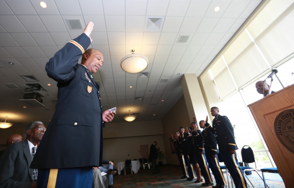 Lt. Col. Dexter Brookins, chair and professor of Military Science in the College of Liberal, administers the oath of office. (Photo by Kentrice S. Rush/JSU)