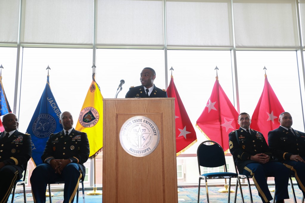 Second Lt. Deunta Collins, a native of Edwards, Miss., will commission into the Mississippi Army National Guard as a transportation officer, assigned to the 1108th Theater Aviation Sustainment Maintenance Group. During Saturday’s graduation commencement in the Mississippi Veterans Memorial Stadium, he earned his bachelor of science degree in therapeutic recreation from JSU’s College of Health, Physical Education and Recreation. (Photo by Kentrice S. Rush/JSU)