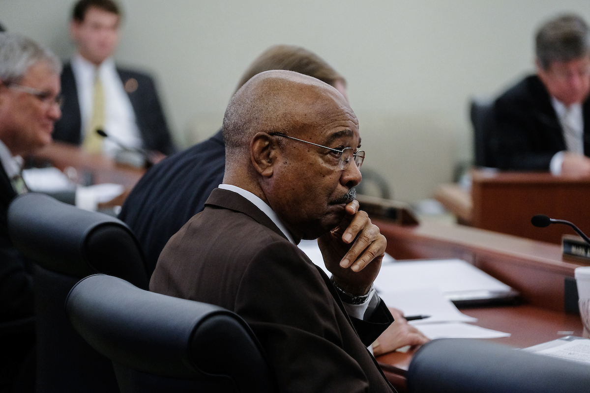 With a pensive look, Jackson State University interim President Rod Paige listens during a meeting Thursday of the Mississippi Board of Trustees of State Institutions of Higher Learning. During the monthly gathering, Paige was credited with helping navigate JSU through challenging fiscal times. (Photo by Charles A. Smith/JSU)