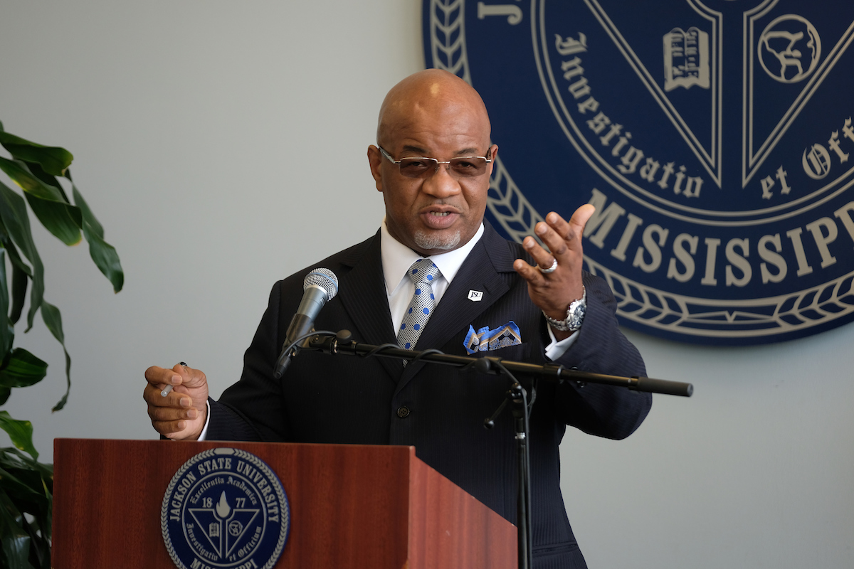 Jackson State University President William Bynum Jr., meeting with media Friday in the Welcome Center on the main campus, said he will fully champion JSU as a fundraiser. “The first part of fundraising is friend-raising, getting out and about and letting people touch and feel and hear from me about my vision and commitment. … We’re going to get out and meet a bunch of folks, talk to people and interact with them.” (Photo by Charles A. Smith/JSU)