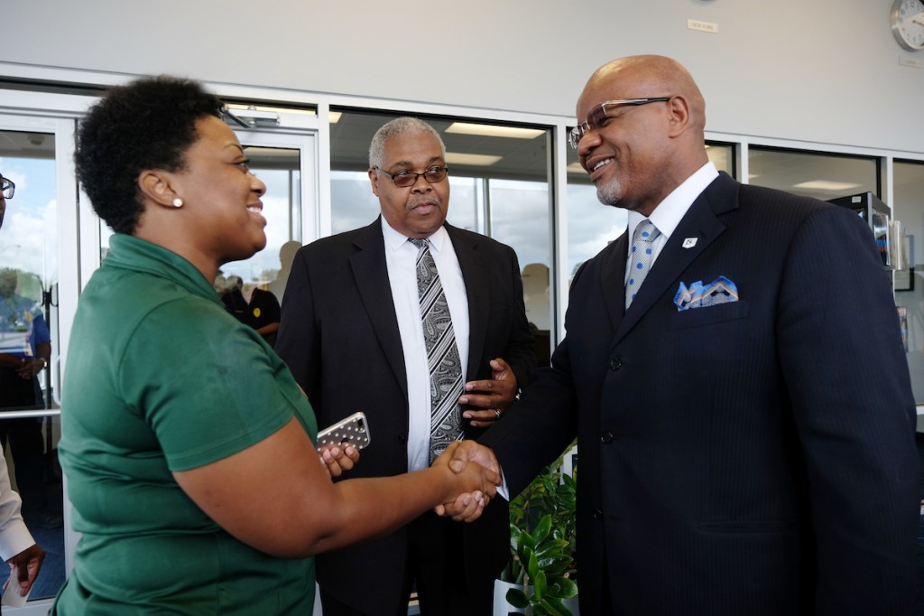 Bynum greets constituents during a press conference in which he stated that the university will do everything in its power to guarantee students receive a return on their investment. (Photo by Charles A. Smith/JSU)