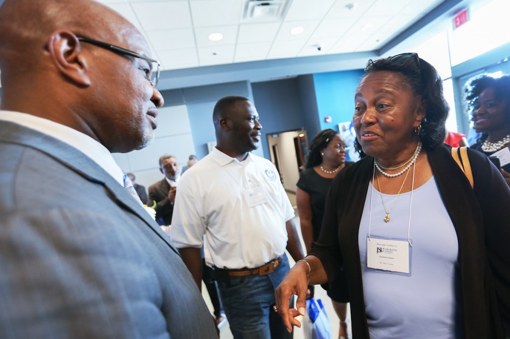 JSU President William B. Bynum Jr. boasts about the facility as he greets participants and visitors. (Photo by Aron Smith/JSU)
