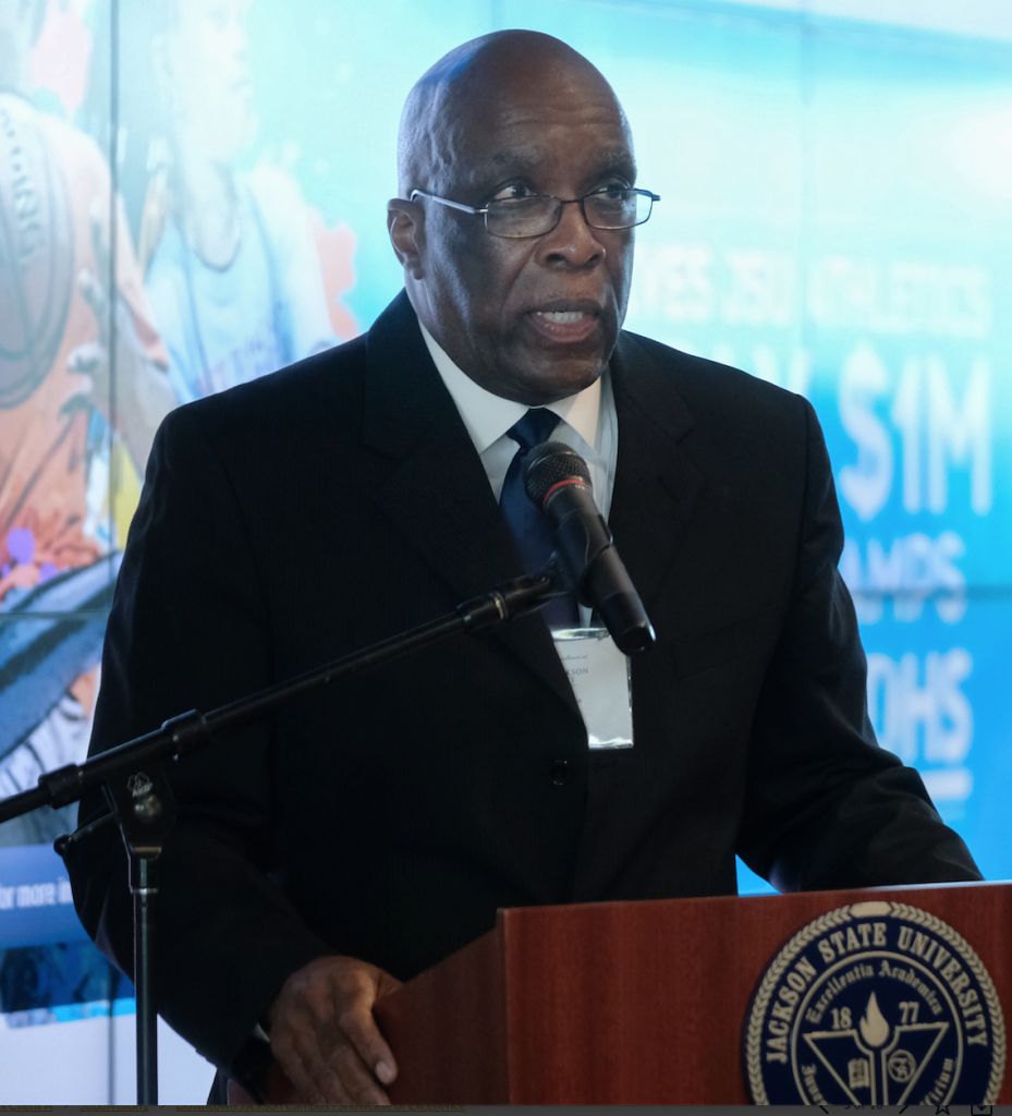 State Rep. Percy W. Watson of Hattiesburg extends greetings to the audience in the building he helped to secure. (Photo by Charles A. Smith/JSU)