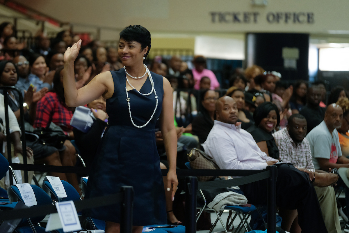 JSU first lady Deborah Bynum acknowledges the crowd during the start of New Student Convocation. (Photo by Charles A. Smith/JSU)