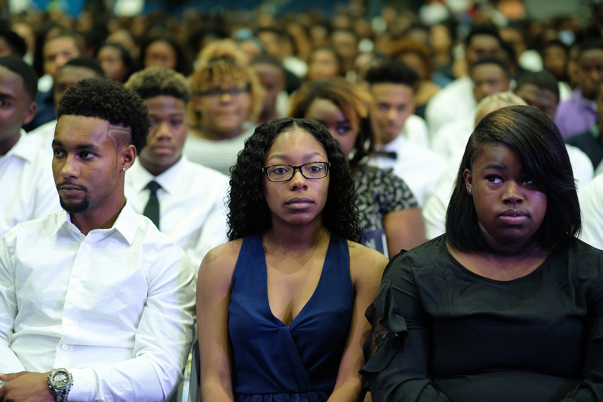 During New Student Convocation on Sunday, students inside the Lee E. Williams Athletics and Assembly Center on Sunday meditate on messages about the next phase of their lives at Jackson State University. (Photo by Charles A. Smith/JSU)