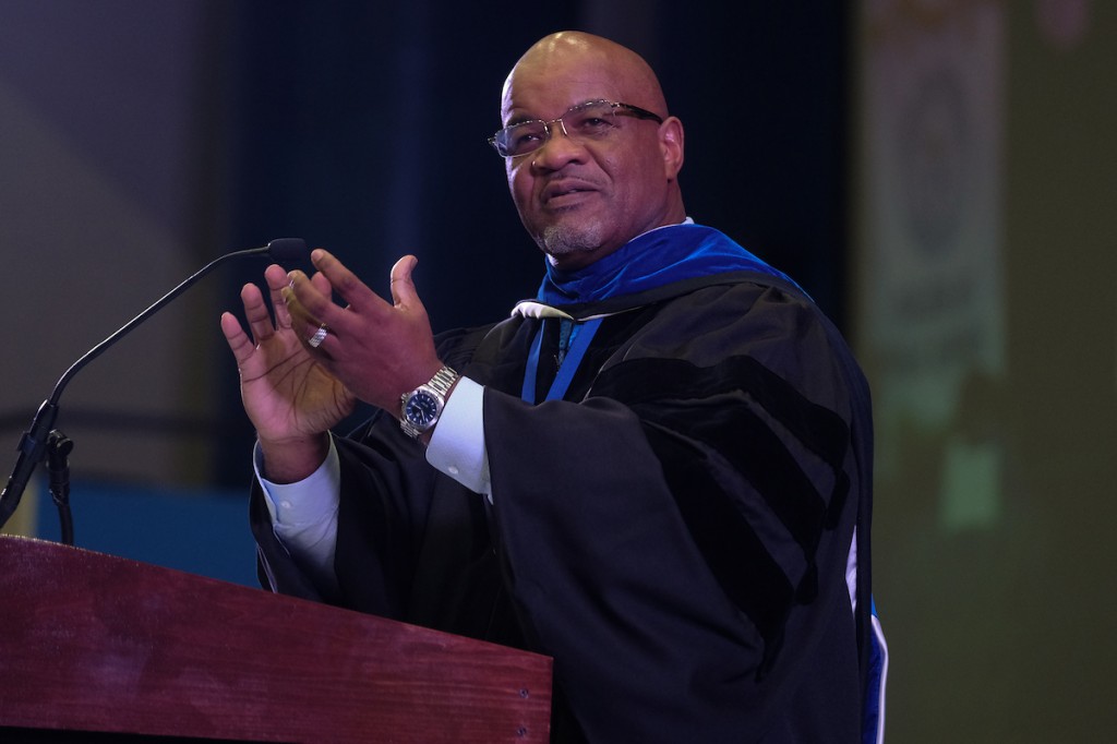 JSU President William B. Bynum Jr. urged young people to surround themselves with the right groups of people in college. “This isn’t high school anymore. This is serious business,” he said. (Photo by Charles A. Smith/JSU)