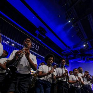 Sonic Boom members pumped up the crowd with “Get Ready.” (Photo by Charles A. Smith/JSU)