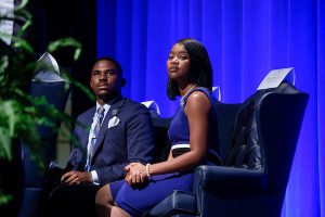Student leaders vowed to embrace a cooperative working spirit with administrators, faculty and staff to move the university forward. Representing JSU for the 2017-2018 academic season are DeAngelo Riddle as Mr. Jackson State University and Comelia Walker as Miss Jackson State University. (Photo by Charles A. Smith/JSU)