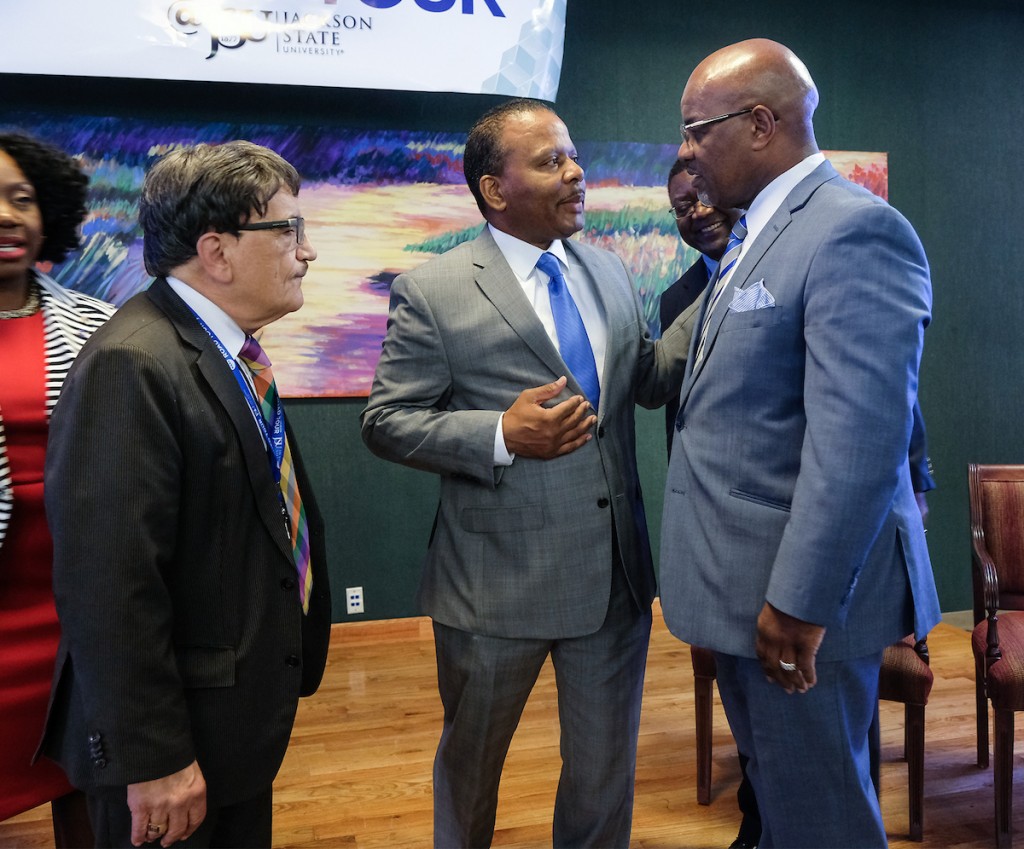 Bynum greets JSU alum and keynote speaker Jackson along with Dr. Richard A. Aló, dean of JSU’s College of Science, Engineering and Technology. (Photo by Charles A. Smith/JSU)
