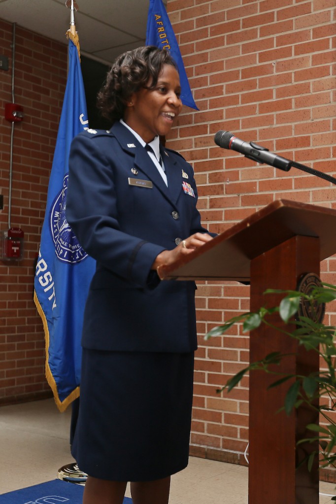 Lt. Col. Shander Adams vows to continue developing a diverse culture of excellence, academic achievement and professionalism at Jackson State University. She told the audience inside the J.Y. Woodard building that JSU will create “successful leaders with a solid foundation and with a focus on service before self and excellence in all we do.” (Photo by Aron Smith/JSU)