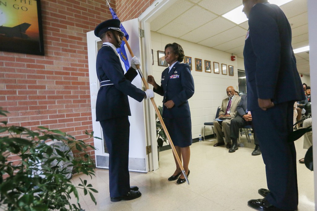 After a handoff from Lt. Col. Timothy Henderson, the incoming commander officially takes over Air Force Detachment 006. Adams praised Henderson for bequeathing a well-run organization. (Photo by Aron Smith/JSU)