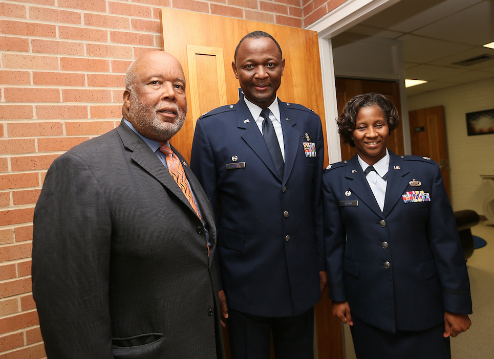 U.S. Rep. Bennie Thompson, with Henderson and Adams, lauded JSU for providing the nation with exceptional service members who’ll risk their lives to defend the nation. (Photo by Aron Smith/JSU)