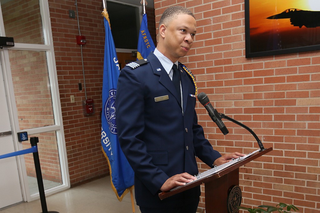 Vernon Lee, a senior political major from Greenville, was the emcee Thursday. He explained JSU’s vision to become the highest producer of African-American Air Force officers. He shared that JSU’s program has grown from 17 to 55 cadets per semester. (Photo by Aron Smith/JSU)