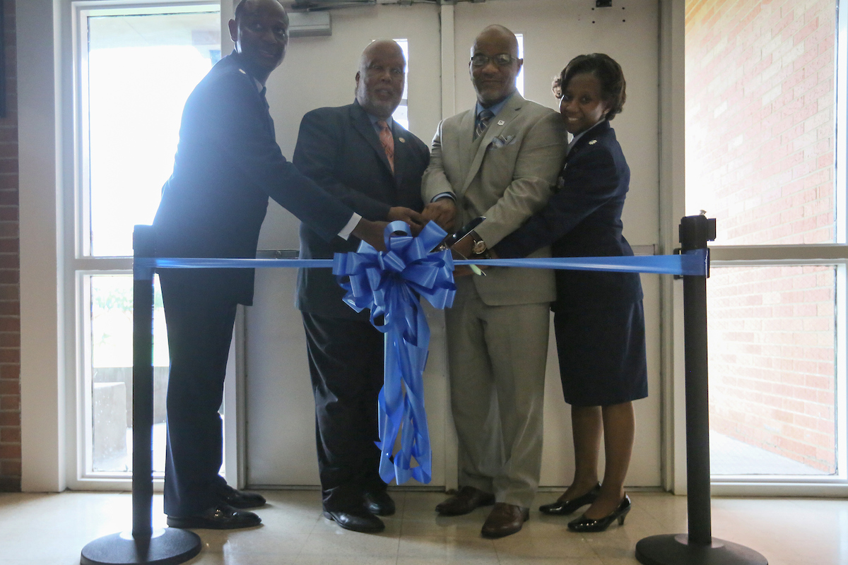 The new home of JSU’s Air Force ROTC, located inside the J.Y. Woodard building, is official dedicated during a ribbon cutting. Joining JSU President William B. Bynum Jr. are Henderson, left, Thompson and Adams. (Photo by Aron Smith/JSU)