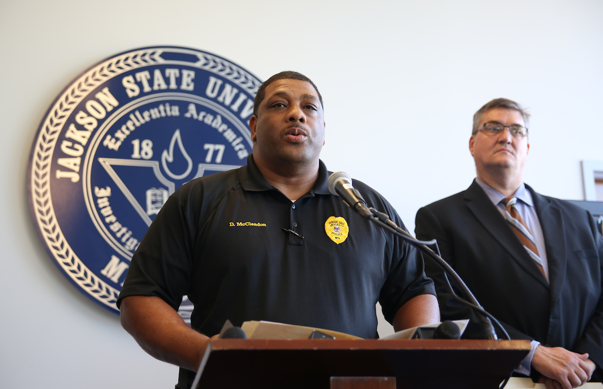 Assistant Chief Dee McClendon of Jackson State University’s Department of Public Safety discusses the arrest. The 20-year-old suspect in the bomb threat is being held in the Hinds County Detention Center in Raymond. He is not a JSU student. (Photo by Kentrice S. Rush/JSU)