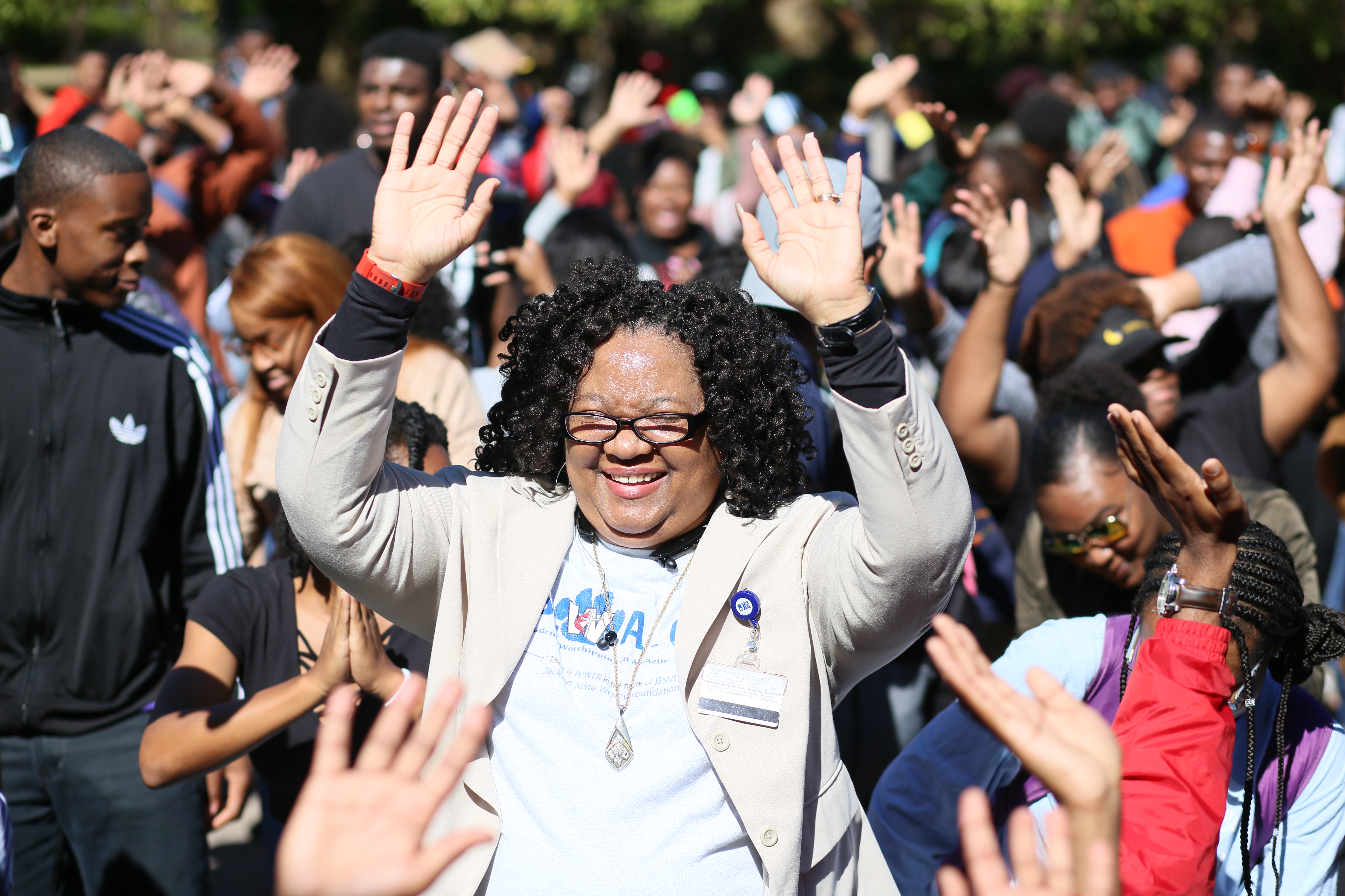 The Rev. Maxine Bolden shares in a hallelujah moment with JSU students during a Hotspot event Monday on the Gibbs-Green Plaza. (Photo by Anissa Hidouk/JSU)