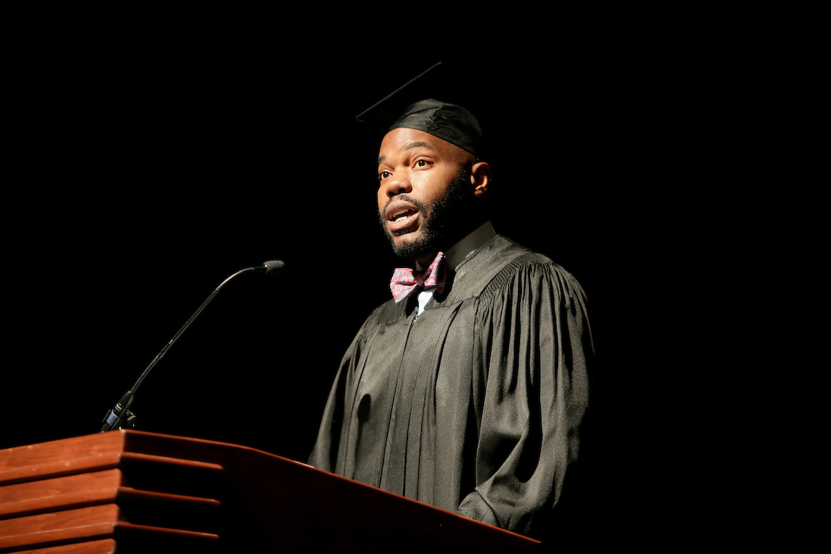 Keynote speaker offers advice about wealth building to the audience during the 140th Founders’ Day celebration Thursday inside the Rose E. McCoy Auditorium. (Photo by Anissa Hidouk/JSU)