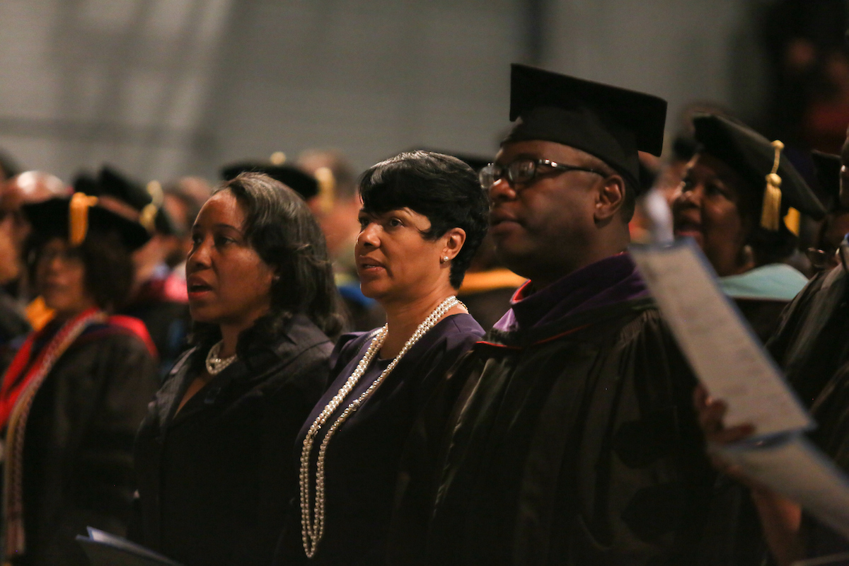 Audience members participate by singing the alma mater. (Photo by Anissa Hidouk/JSU)
