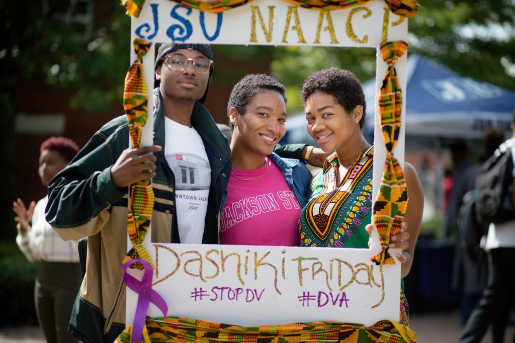A trio squeeze together for a picture-perfect pose at the Hotspot. (Photo by Anissa Hidouk/JSU)