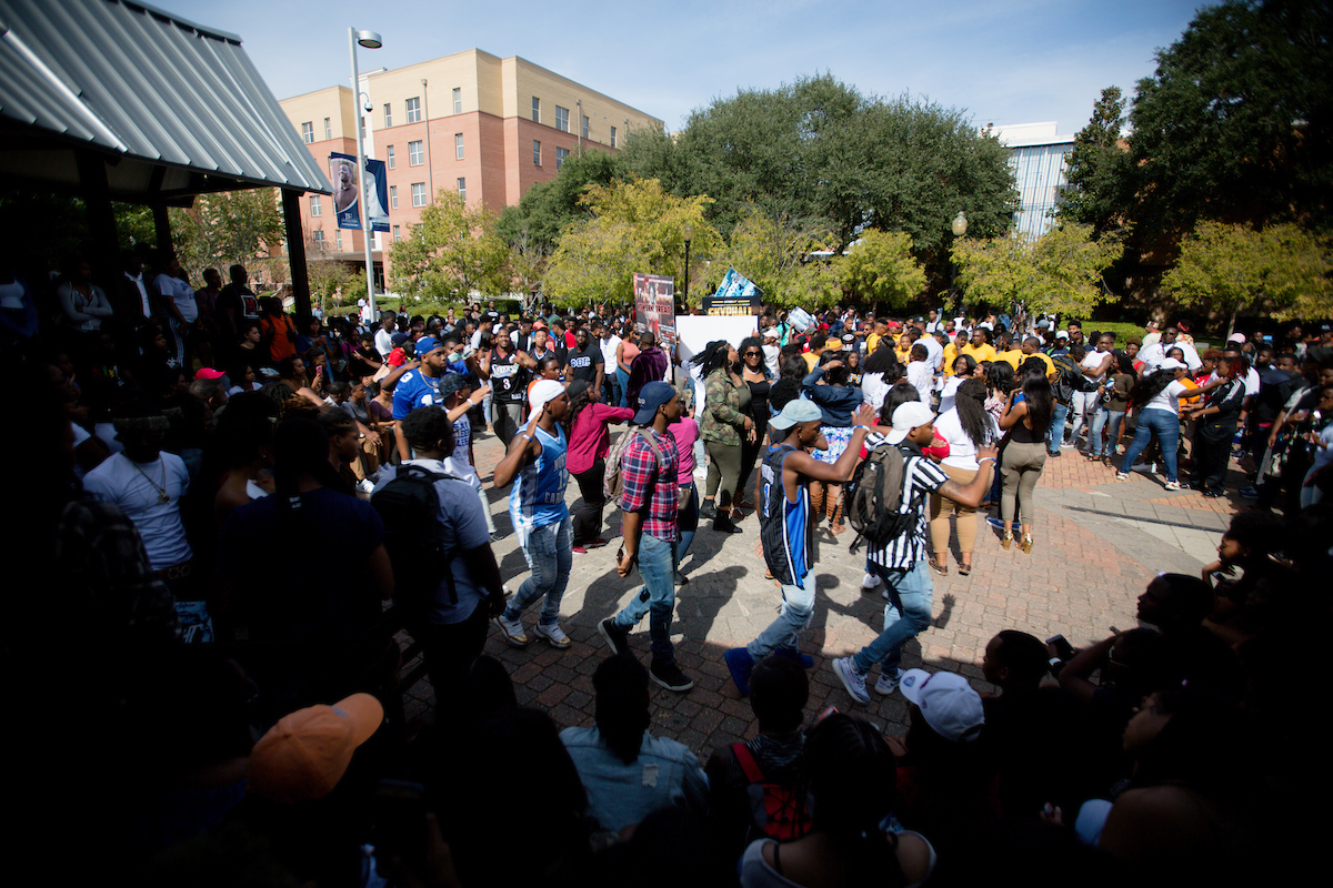 Student groups and others frolic during the launch of the recycling initiative. (Photo by Anissa Hidouk/JSU)