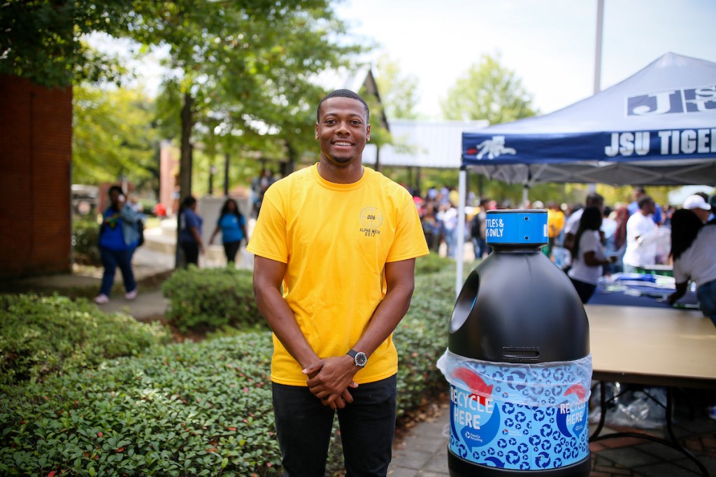 Telandus Craft, standing next to a Pepsi receptacle, is a member of Alpha Phi Alpha Fraternity that hosted the Hotspot. (Photo by Anissa Hidouk/JSU)