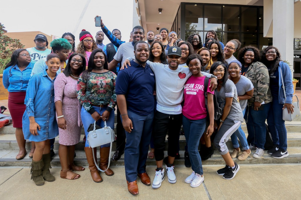 "Do you want a revolution?" singer, Kirk Franklin, had the JSU Mass Choir all smiles as he praised their example of faith and service. (Photo by Anissa Hidouk/JSU)