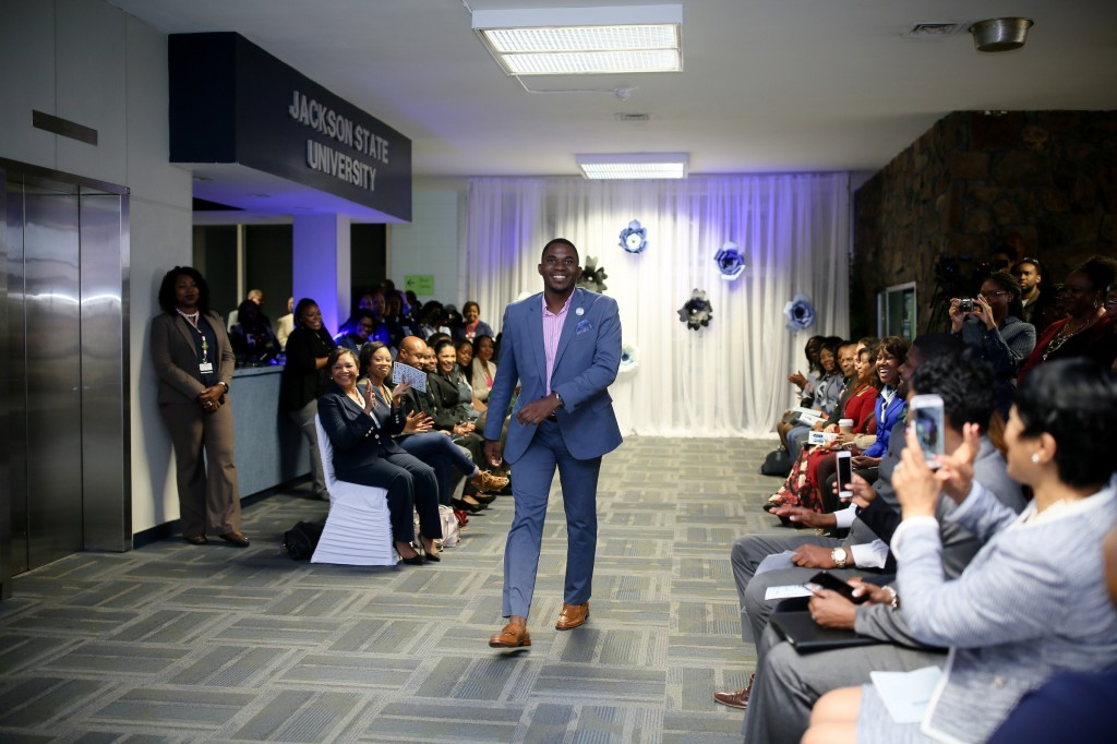 Jackson State University's first Mister JSU, DeAngelo Riddle, modeled one of the suits he donated to the initiative. (Photo by Anissa Hidouk/JSU)