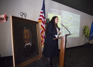 Heather Wilcox, Center for University Based Development (CUBD) Neighborhood Development Assistant presents the history and research findings of Mount Olive Cemetery. (Photo by: Aron Smith/JSU)