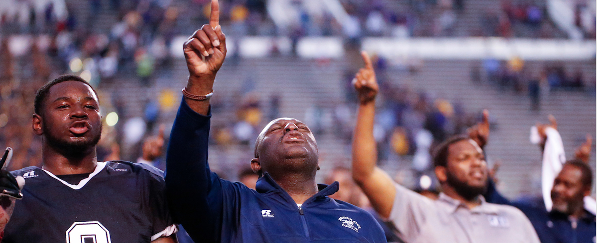 With victory clearly on their minds, JSU players and coaches belt out the alma mater after shocking Alcorn.