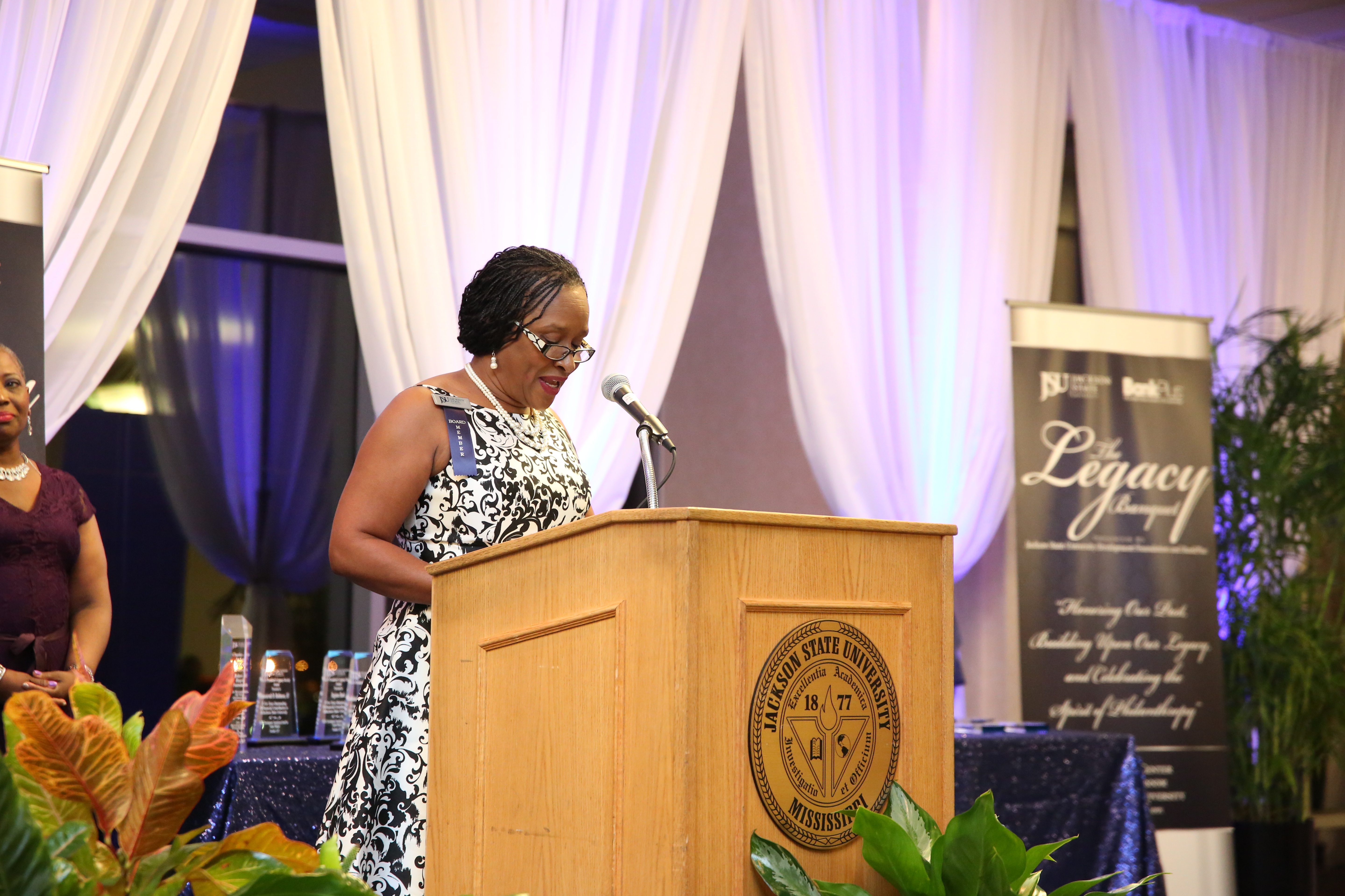 Veronica M. Cohen, vice president of JSU’s Institutional Advancement and External Affairs, prepares the audience for a video presentation showcasing how the university benefits from support by constituents. (Photo by Darek Ashley/Special to JSU)