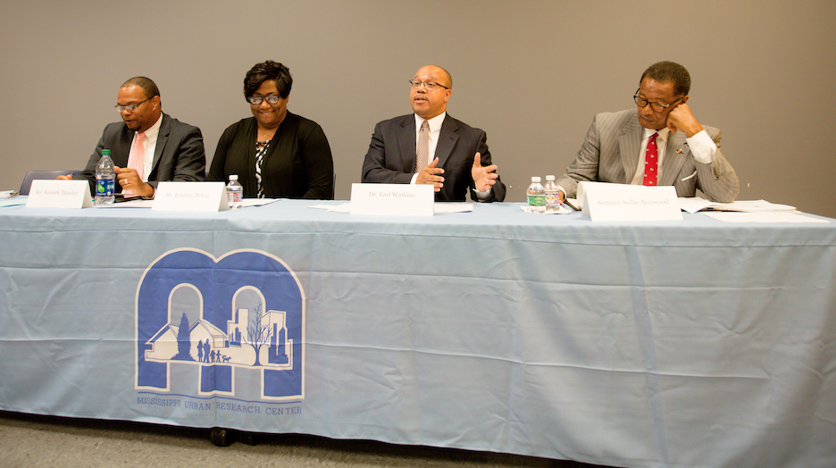 A panel assembled last week to discuss critical questions about Mississippi’s Accountability Grading System after a JSU study shows it fails to live up to its intended purpose. Panelists are, left, the Rev. Kenneth Thrasher, president of the school board for Hazlehurst City Schools; Rosaline McCoy, president of the Jackson Council PTA-PTSA; Dr. Earl Watkins, chief executive officer for Leading2Leap LLC; and state Sen. Sollie Norwood. (Photo by Anissa Hidouk/JSU)
