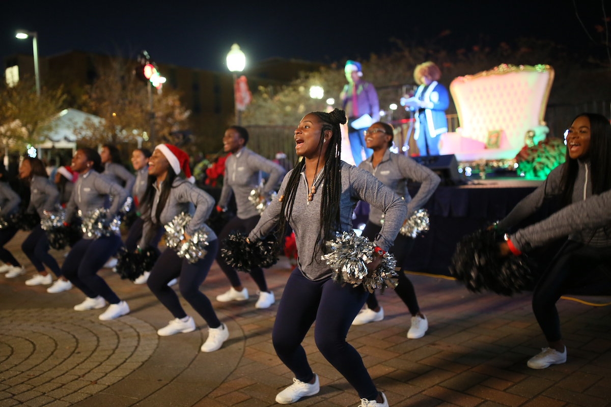 JSU cheerleaders rally the crowd to get excited about the holidays. (Photo by Aron Smith/JSU)