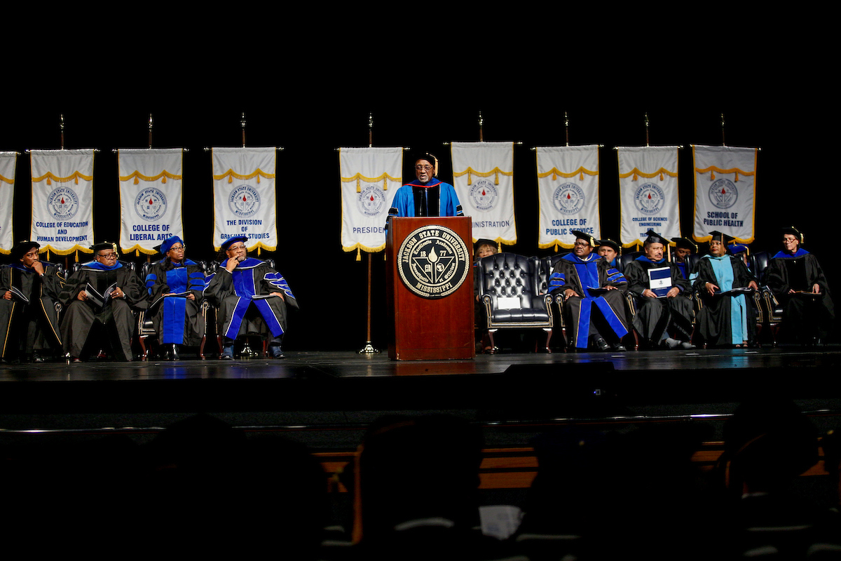 Dr. Ivory Nelson, interim provost for Academic Affairs, presents the welcome. (Photo by Charles A. Smith/JSU)