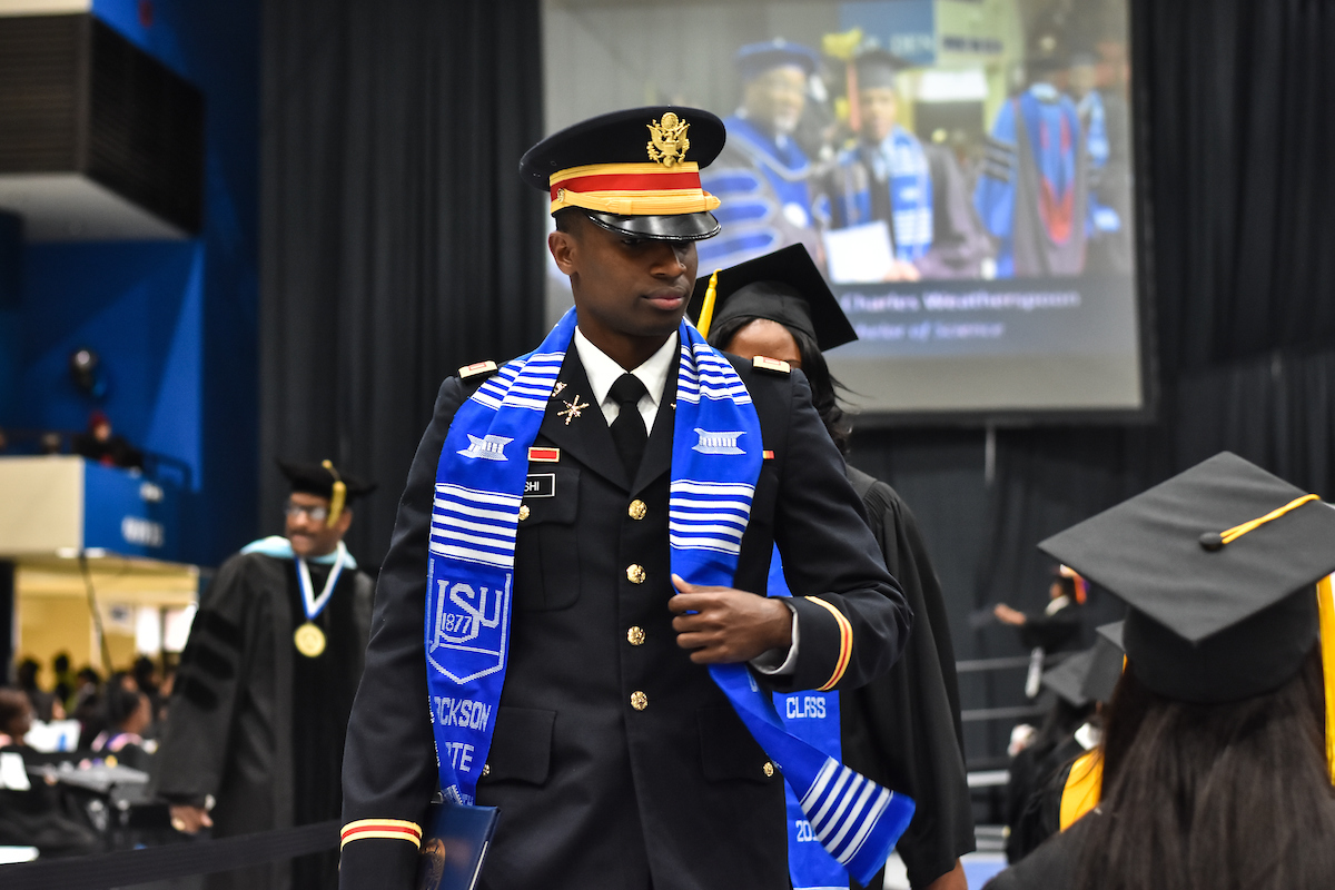 Second Lt. Ronald R. Mushi received his bachelor’s degree during the combined graduate and undergraduate ceremony on Friday, Dec. 8, in the Lee E. Williams Athletics and Assembly Center. (Photo by William Kelly III/JSU)