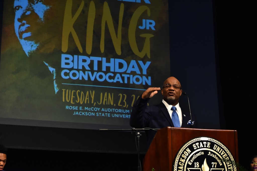 After Dr. William B. Bynum Jr., gave the welcome at the 50th Annual Martin Luther King Jr. Birthday Convocation, Dr. Joyce Ladner called him an amazing speaker who must "enthrall all of you when he gets up to talk." (Photo by William Kelly, III/JSU)