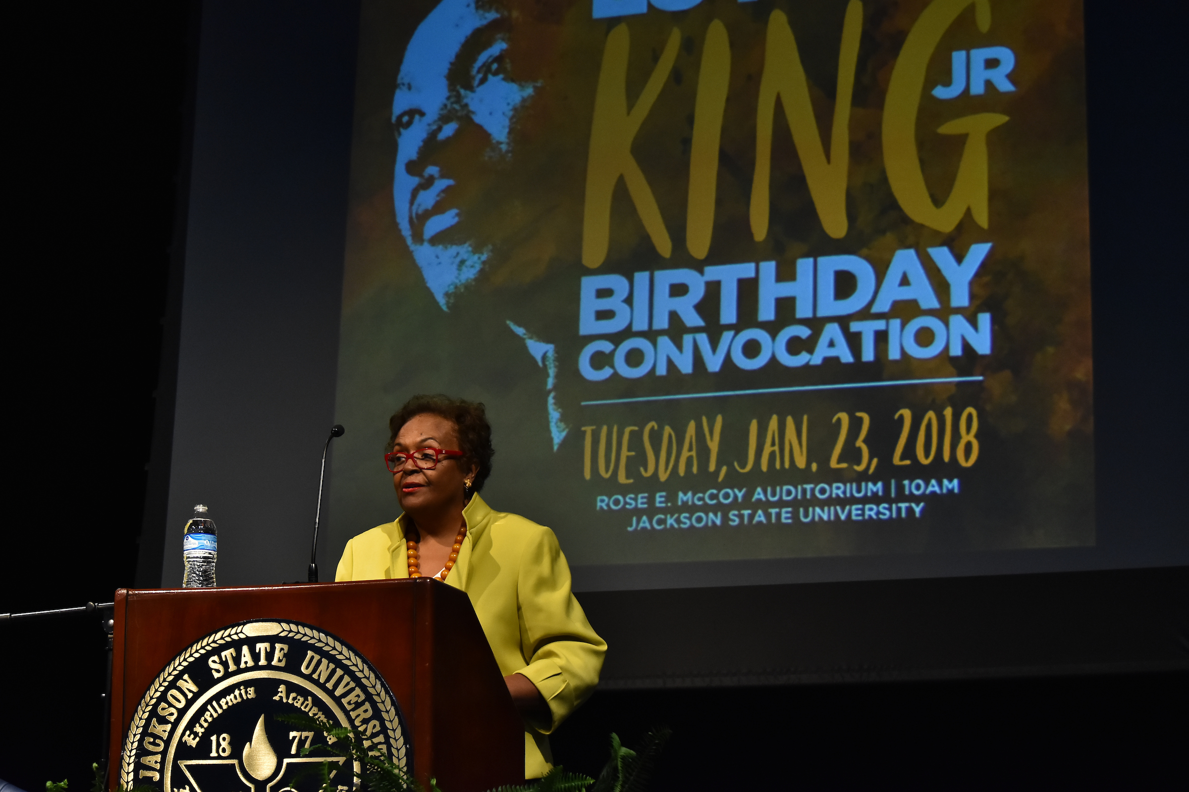 Guest speaker for the 50th Annual Martin Luther King Jr. Birthday Convocation Dr. Joyce Ladner had been expelled from JSU, then Jackson College, in 1961 for her participation in civil rights activism. (Photo by William Kelly, III/JSU)