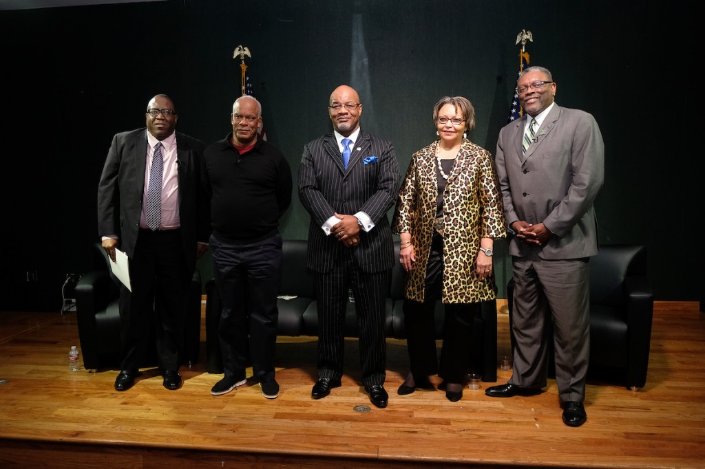 The documentary screened at Jackson State University was sponsored by Mississippi Public Broadcasting, JSU, Tougaloo College and JSU’s Department of Journalism and Media Studies. Panelists included moderator Ronnie Agnew, president of MPB, left; filmmaker Stanley Nelson; JSU President Dr. William B. Bynum Jr.; Tougaloo President Dr. Beverly Wade Hogan; and Mississippi Valley State University President Dr. Jerryl Briggs. (Photo by Charles A. Smith/JSU)