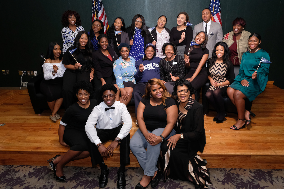 Jackson State University students, faculty and alum assemble with award-winning documentary filmmaker Nelson after screening “Tell Them We Are Rising: The Story of Black Colleges and Universities.” (Photo by Charles A. Smith/JSU)